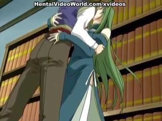 Green-haired hentai femme fatale whanged v a knihovna